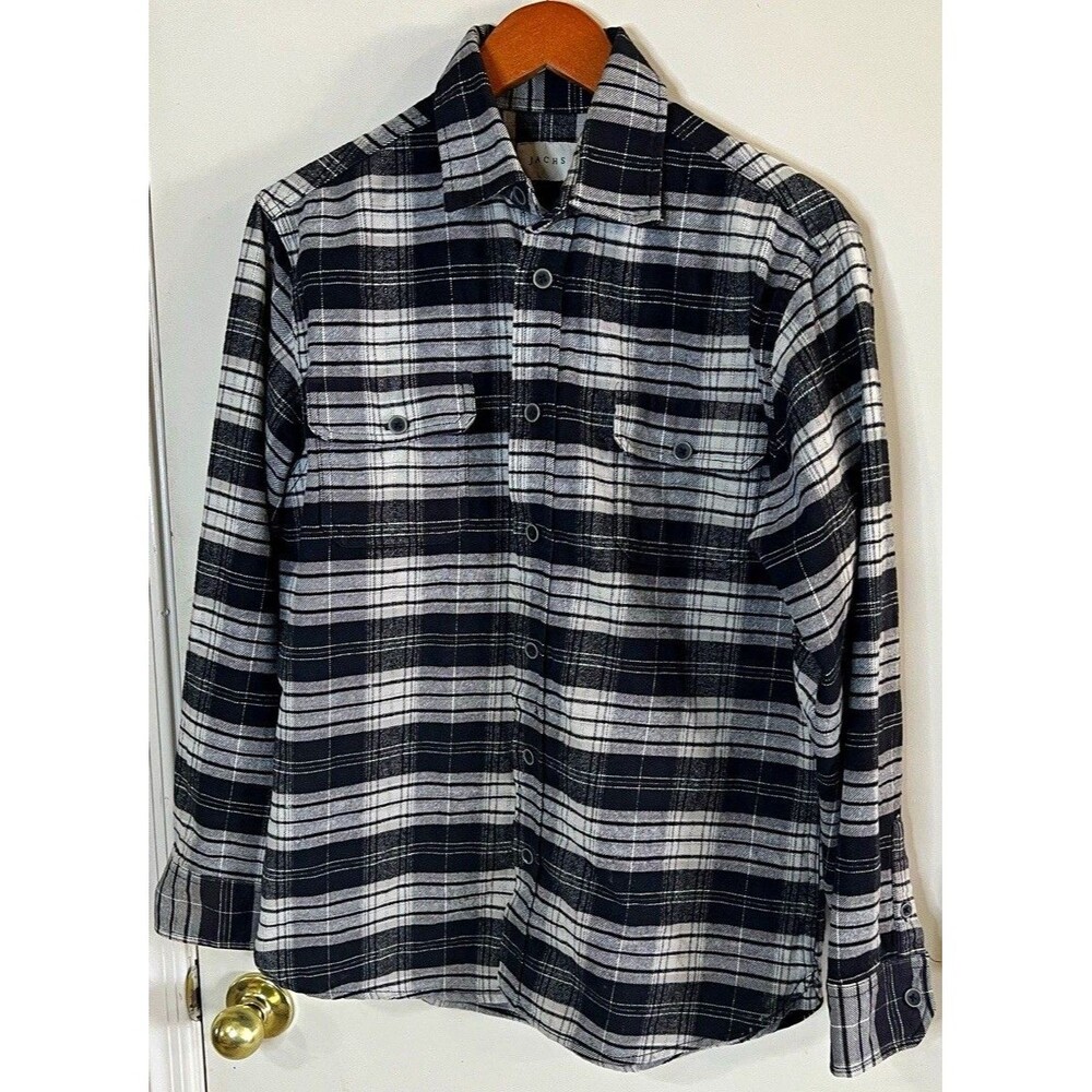 JACHS Mens Cotton Flannel Plaid Long Sleeve Button Up Shirt Pockets Blk/Wht M